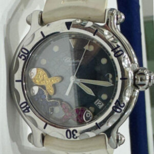 Chopard Happy Sport, Acciaio, pesciolini con pietre preziose, quarzo, anno 2002, diametro 35_38mm, revisionato, completo di scatola e garanzia più un anno di garanzia del negozio.